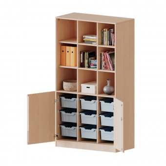 ErgoTray Kombi-Schrank, 3reihig, 2OH unten Türen, 9 hohe Boxen, oben 3OH Regal, B/H/T 104,5x190x50cm 